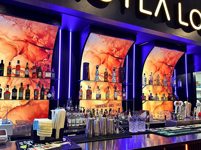 Backlit bottle shelves behind the bar